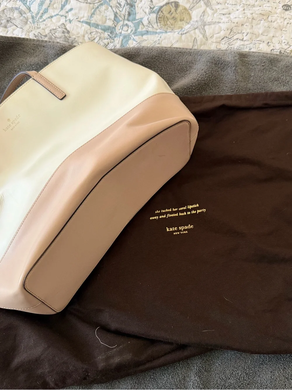 kate spade Cream and Tan Two-Tone Leather Tote with Spade Charm